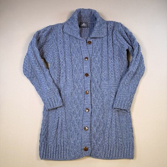 ARAN Womens Long Fisherman Cardigan Duster Ireland Merino Wool XL Cable Knit - Picture 1 of 6